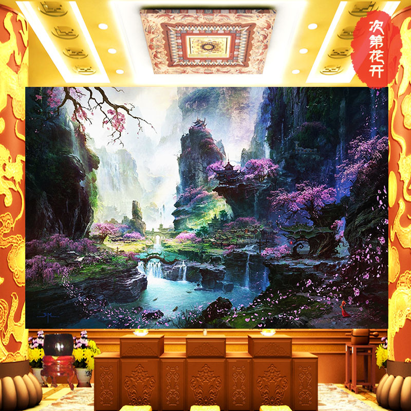 风景山水贴画客厅佛堂寺庙背景墙纸仙堂壁画人间仙境桃花园壁纸