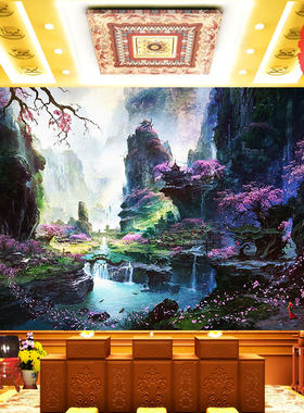 风景山水贴画客厅佛堂寺庙背景墙纸仙堂壁画人间仙境桃花园壁纸