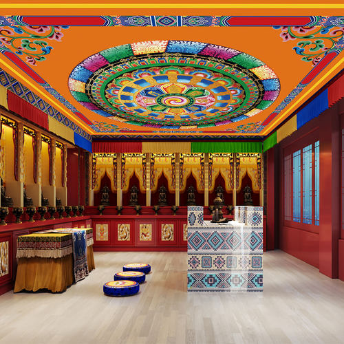 藏式墙纸3d风格佛堂坛城唐卡壁纸西藏佛像壁画花纹吊顶天花板定制