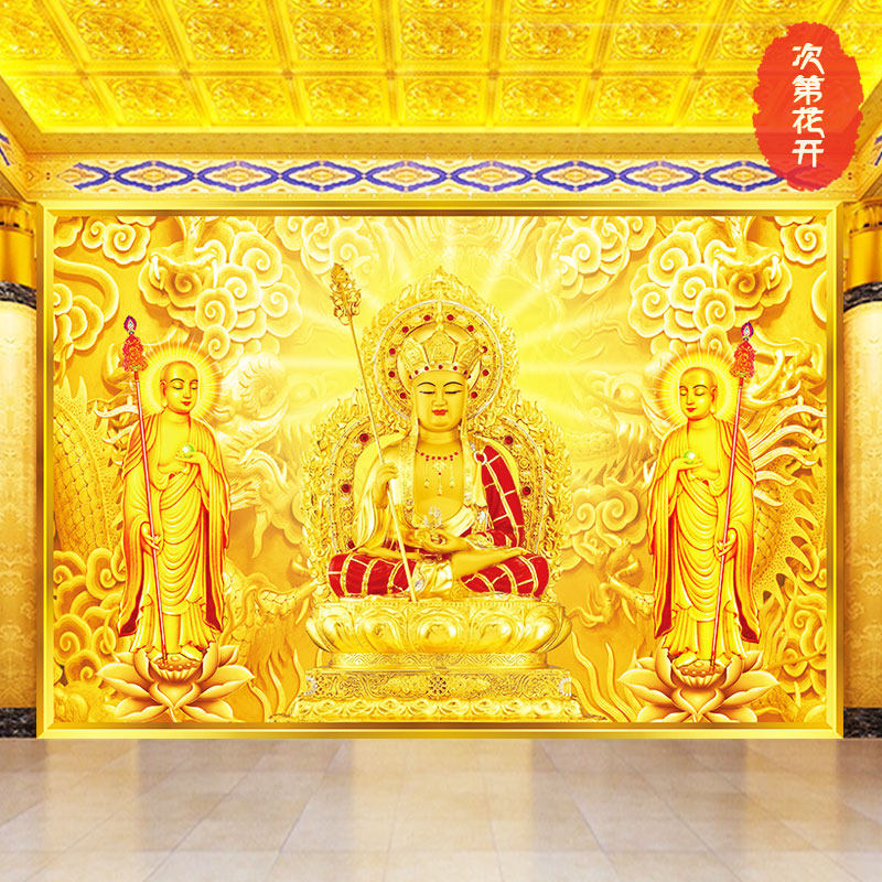 地藏王菩萨壁纸金色祥背景墙布壁画供奉装佛龛佛堂寺庙修背景墙纸