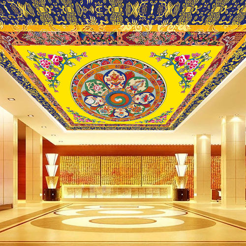 藏式八宝天花墙纸墙布仿古客厅坛城吊顶壁画金色墙贴藏族文化壁纸