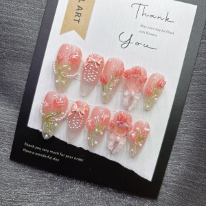 郁金香粉色手工穿戴甲3D立体高级感2024年新款绝美中长款珍珠花朵