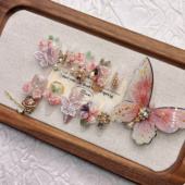 粉色11指蝴蝶纯手工穿戴甲高级感显白美甲立体花朵2025年中长款