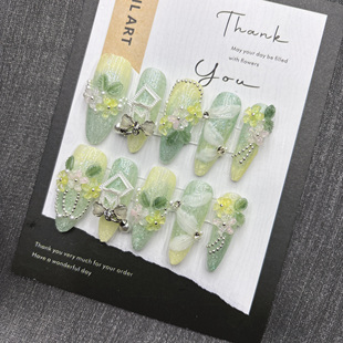 纯手工穿戴甲橄榄绿色相框渐变美甲成品贴片高级感假指甲短中长款