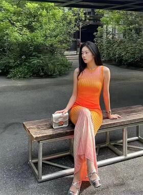 卢昱晓同款 S家 法式度假风桔色渐变圆领针织镂空修身针织连衣裙