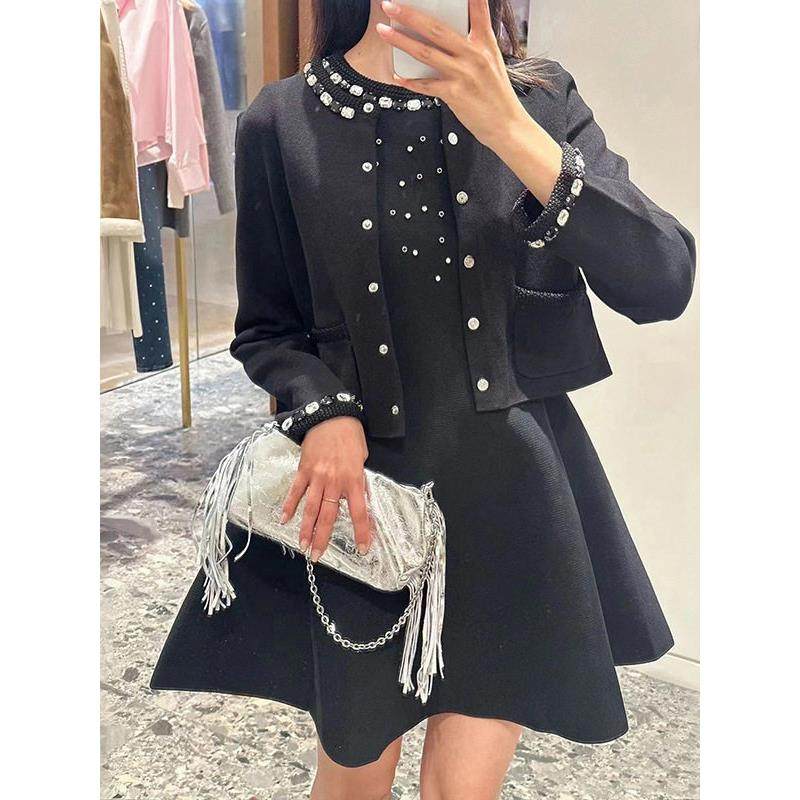 法单M家 2025秋季新款法式领口袖边方糖钻饰黑色针织圆领短开衫女,女装/女士精品,毛针织衫,淘宝优惠券,粉丝福利购,淘宝优惠卷