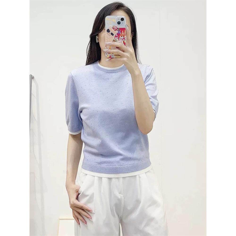 法单M家 2025早秋新款撞色假两件薄款毛针织小衫短袖t恤女上衣