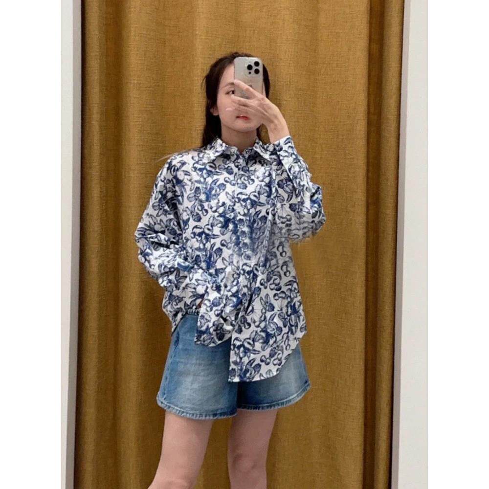 法单家 夏法式度假风褶皱青瓷印花吊带背心抹胸衬衫上衣+半裙