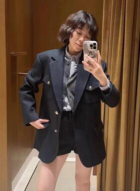 法单S家 24秋冬法式复古简约通勤深蓝色休闲翻领单排扣西装外套女