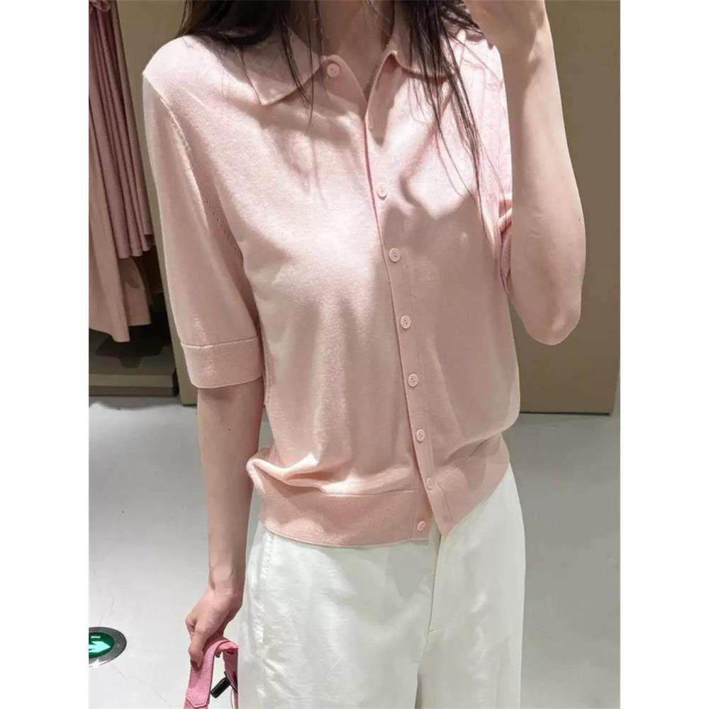 C家修身版型短袖POLO开衫粉色25夏季新品针织薄款上衣1291702003