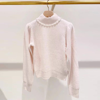法单S家 2024早秋法式粉色宫廷半高领珠饰羊毛针织上衣SFPPU02457