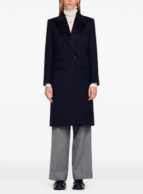 法单S家 2025秋冬直筒西装领双排扣羊毛呢大衣中长款保暖外套女