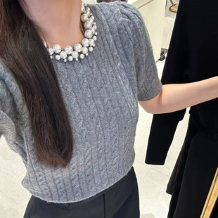 法单S家 2025法式设计感麻花手工钉珠圆领短袖套头名媛气质针织衫