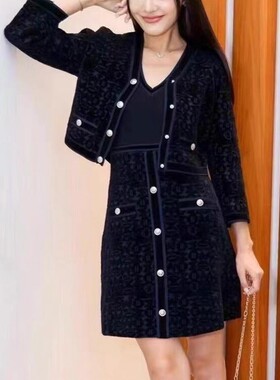 法单24 法式复古提花单排扣长袖针织开衫黑色外套女 MFPCA00527