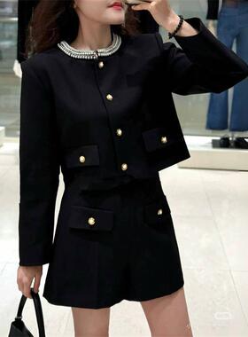 法单S家 2025春夏新款唇尾小香风镶钻珍珠圆领黑色短外套上衣女