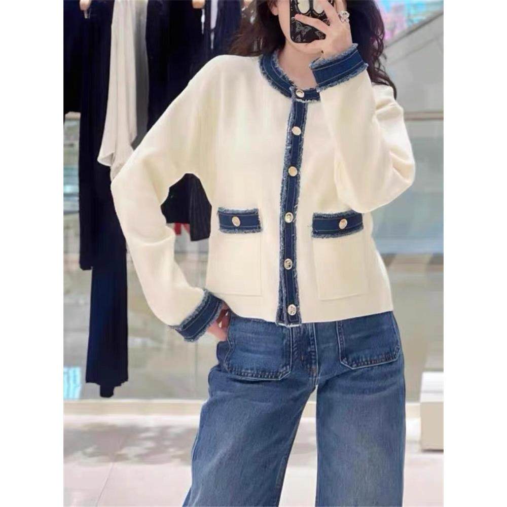 法单S家 小香风学院风毛边牛仔拼接撞色单排扣圆领毛针织开衫外套,女装/女士精品,毛针织衫,淘宝优惠券,粉丝福利购,淘宝优惠卷