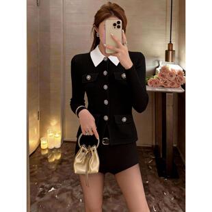 欧美小众SP家 2026春季法式黑色千金风翻领钻扣毛针织开衫上衣女