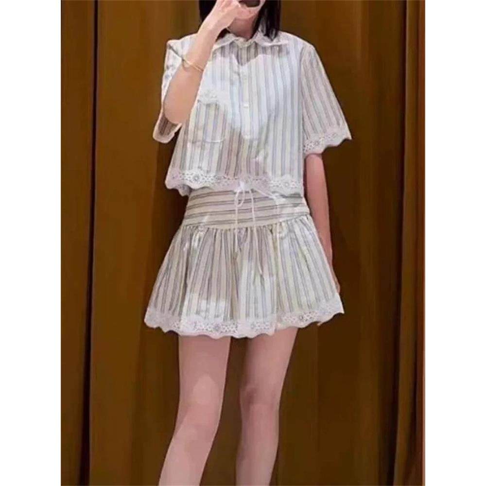法单S家 法式清新减龄度假风条纹蕾丝花边娃娃领衬衫上衣+裤裙,女装/女士精品,衬衫,淘宝优惠券,粉丝福利购,淘宝优惠卷