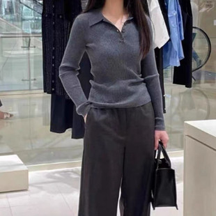 法单S家 24秋法式简约百搭纯色翻领polo竖条纹修身灰色针织衫上衣