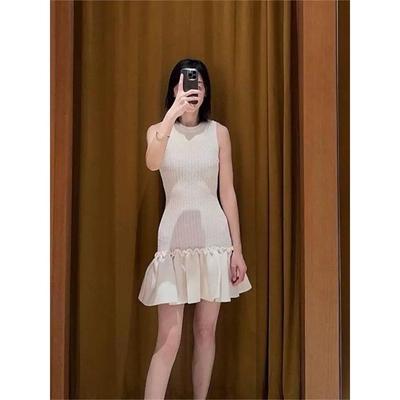 法单S家 小香风简约气质夏季修身显瘦荷叶摆无袖针织背心连衣裙女