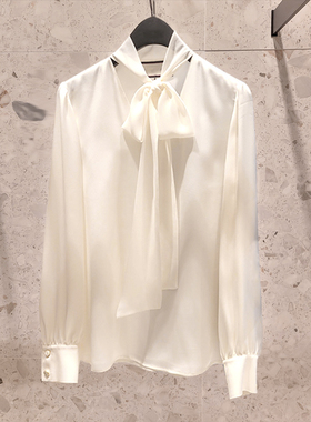 2025春秋新款时尚立领显瘦ol气质百搭系带蝴蝶结长袖打底衬衫女