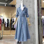 春季 气质显瘦长袖 中长款 女神范收腰牛仔连衣裙2025新款 衬衫 裙子潮