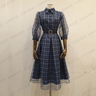 新款 格纹衬衫 韩版 七分袖 领连衣裙细带收腰波点A字裙 时尚 清仓夏季