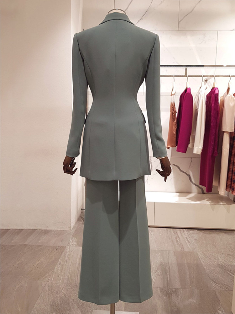 2024 가을 새로운 패션 유행 통근 OL 허리 바지 슬림 피트 원 버튼 블레이저 여성 정장