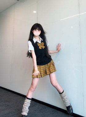 北璃酱日系jk制服棕黄格裙套装
