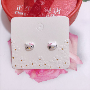 银饰香港正生s925纯银猫咪耳钉甜美可爱防过敏学生儿童小女孩百搭