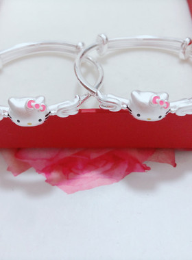 香港正生纯银kt猫宝宝推拉手镯足银99卡通可爱足银送婴儿抖音同款