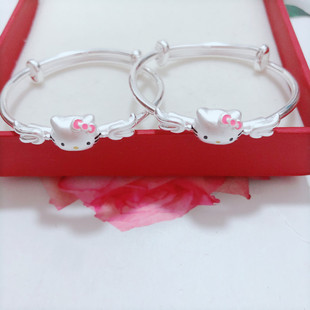 香港正生纯银kt猫宝宝推拉手镯足银99卡通可爱足银送婴儿抖音同款