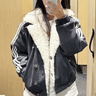 阿迪达斯Adidas三叶草女装2025蛇年羊羔绒保暖毛领棉服外套JL8438