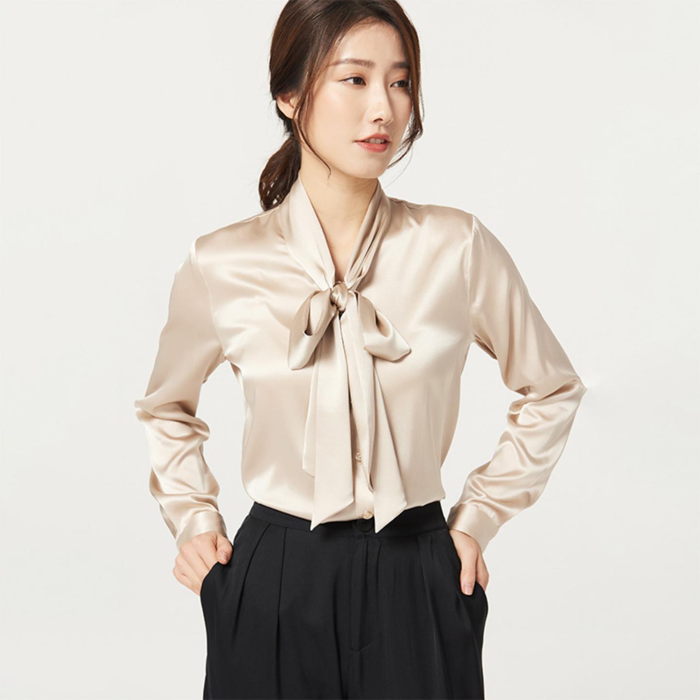 新款春秋真丝衬衫女丝绸缎面长袖大蝴蝶结桑蚕丝衬衣通勤衣服