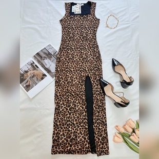 葡萄miki 連衣裙 美單性感辣妹動物紋理印花方領(lǐng)開叉修身