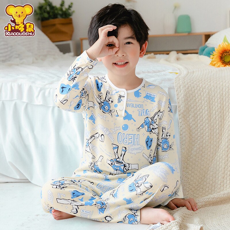 夏季棉绸儿童睡衣套装男童长袖薄款女童绵绸大童空调服小孩家居服