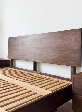 秋山匠人北欧中日式中古风现代纯实木北美黑胡桃木榫卯双人悬浮床