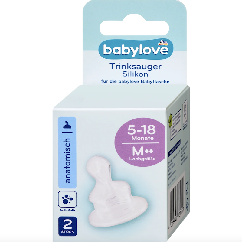 德国直邮 babylove防胀气标口宽口径硅胶婴儿扁头替换奶嘴 2个装