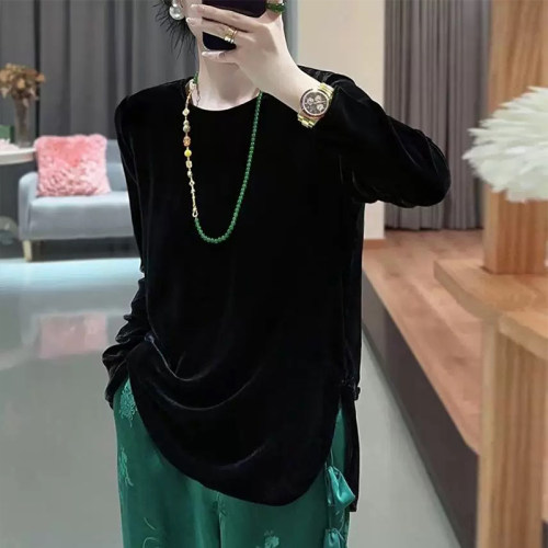 盘扣上衣丝绒质感女复古国风长袖