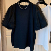 小众短袖 独特上衣 小衫 T恤女夏胖m大码 宽松遮肉茧型条纹网纱泡泡袖