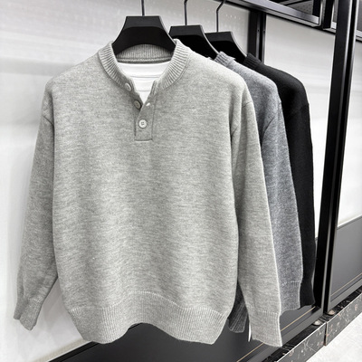 秋冬男士圆领三粒扣休闲针织衫潮流毛衣花灰色高克重亨利领打底衫