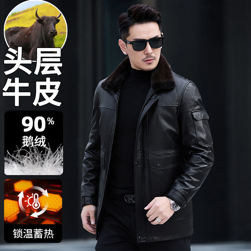 冬季中老年90%白鹅绒羽绒服真牛皮皮衣可拆卸毛领内胆皮夹克外套