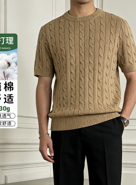 春秋季男100%纯棉短袖针织衫全身绞花麻花圆领T恤重磅加厚款430g