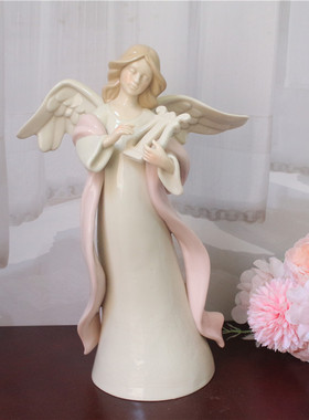 外贸乡村出口西班牙手绘浮雕釉面雅致乐器天使陶瓷工艺品摆件礼物