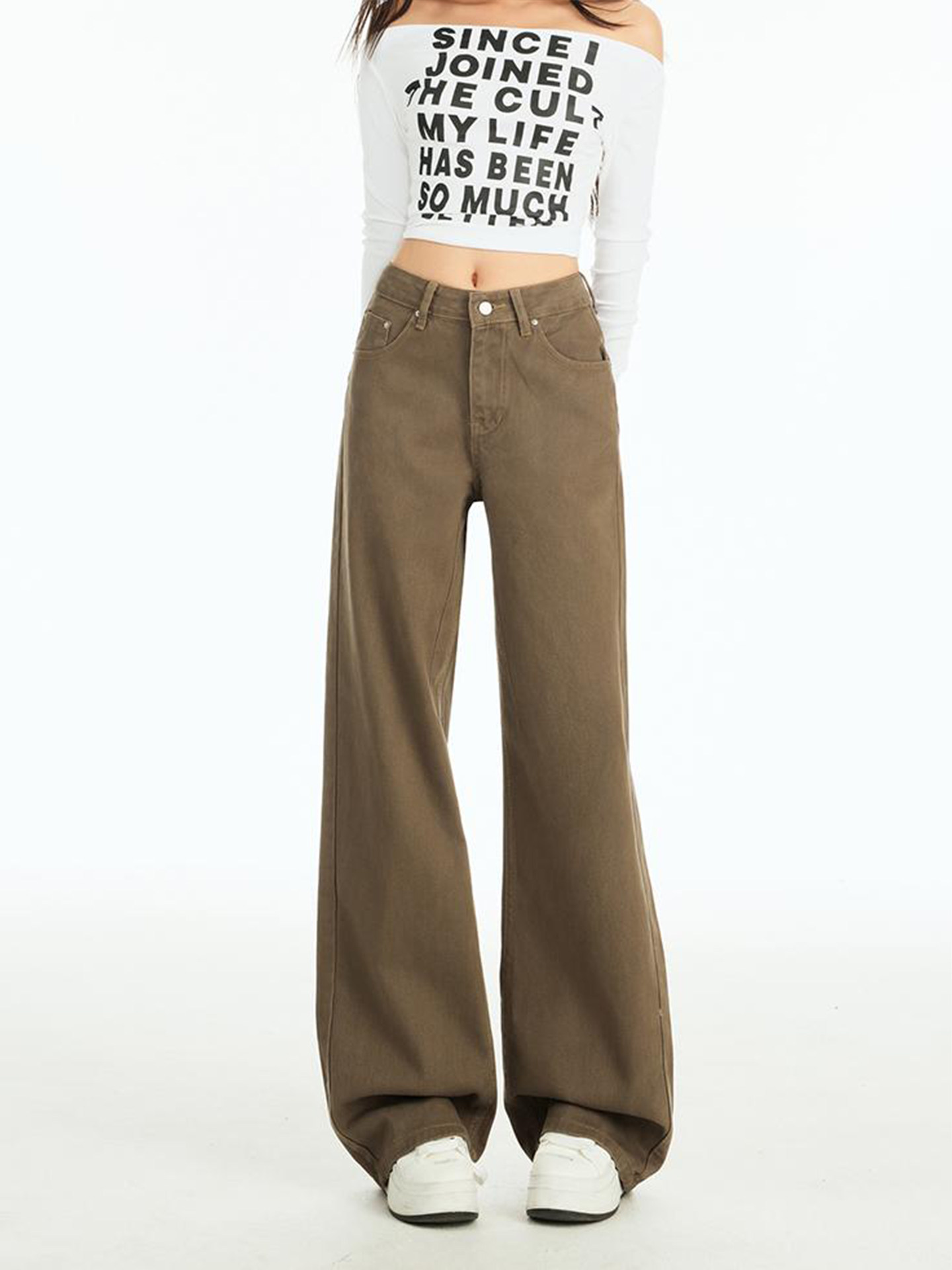 Khaki American-Style High-Waisted Wide-Leg Jeans for Women, Autumn 2025 New Versatile Loose Slimming Drape Straight-Leg Pants