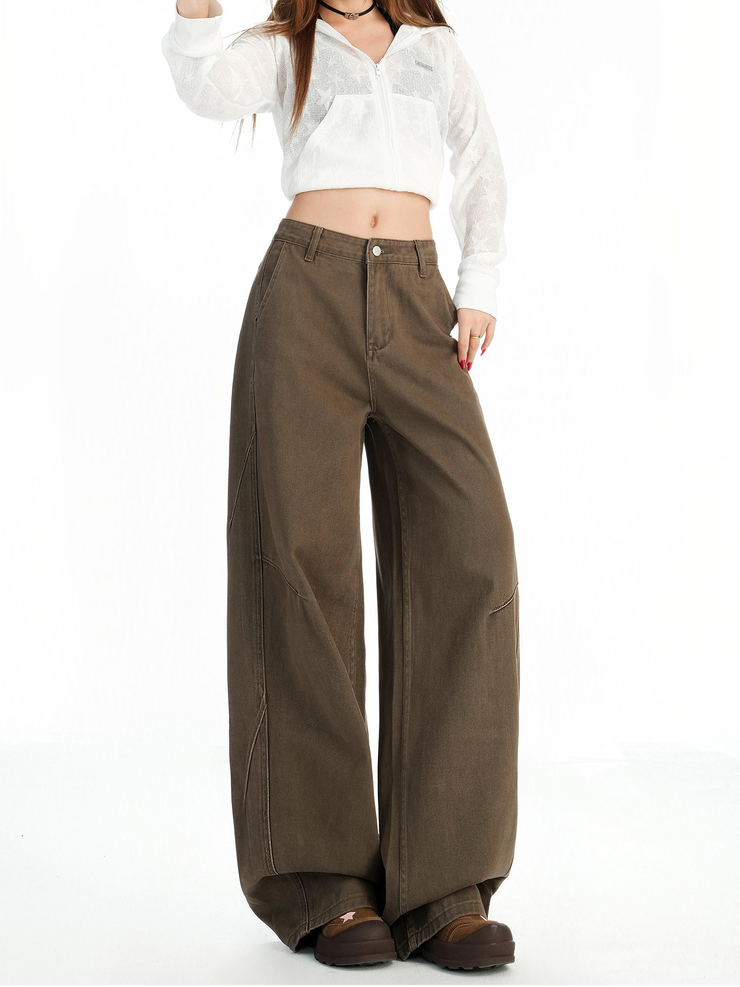 Melard Brown Coffee-Colored High-Waisted Wide-Leg Jeans for Women, Autumn 2025 New Style, Loose, Slimming, Drapey Straight-Leg Pants