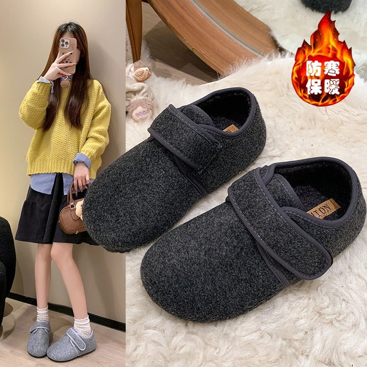 方叔2025冬季新款2025年冬季单鞋魔术贴人造短毛绒平底深口低