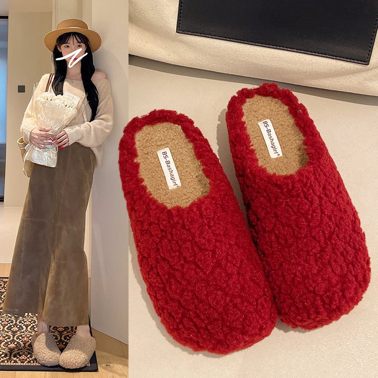 方叔厚底增高毛毛鞋女外穿2025新款秋冬加绒豆豆穆勒拖鞋保暖棉鞋
