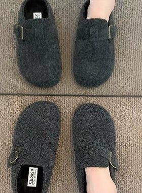 厚底毛呢加绒勃肯鞋包头半拖女外穿2025冬季新款棉拖鞋灰色毛毛拖