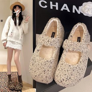 小香风马丽珍羊羔毛毛鞋女冬外穿2025新款网红厚底一脚蹬加绒棉鞋